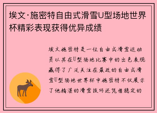 埃文·施密特自由式滑雪U型场地世界杯精彩表现获得优异成绩