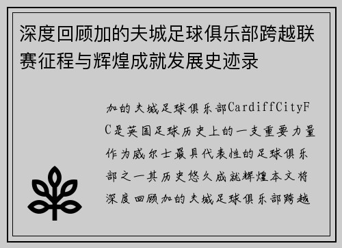 深度回顾加的夫城足球俱乐部跨越联赛征程与辉煌成就发展史迹录