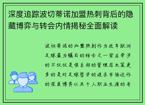 深度追踪波切蒂诺加盟热刺背后的隐藏博弈与转会内情揭秘全面解读